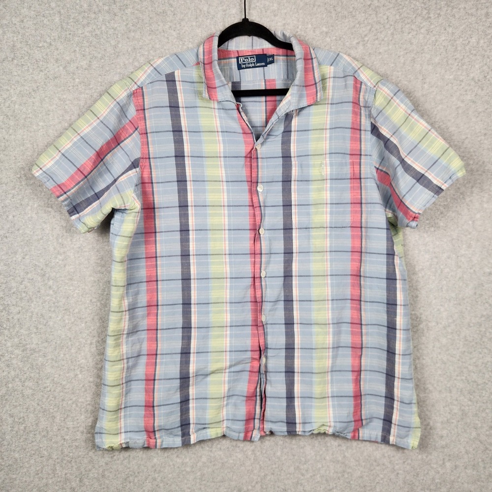 Polo Ralph Lauren Shirt Mens XL Plaid Linen Blend Short Sleeve Button Up Summer